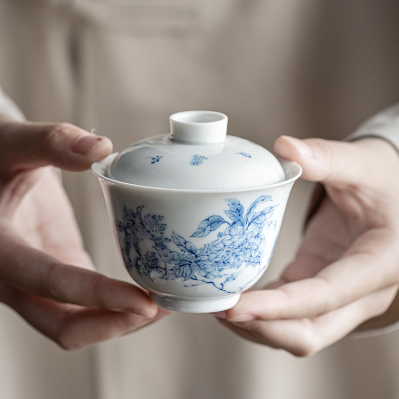 Gongfu Tea Set - Gaiwan de porcelana blanca y azul